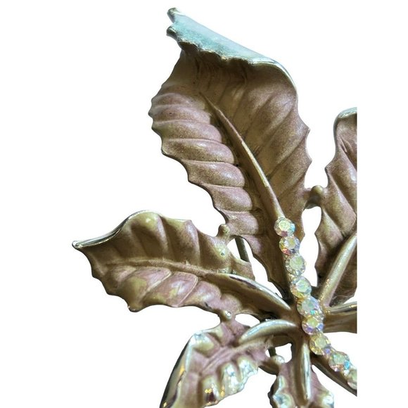 Vintage Signed BSK Goldtone Leaf Brown Painted Rhinestone Detail 2 3/4" - Picture 3 of 5